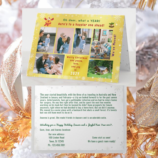 Funny Rudolph Oh Hjort Vi har flyttat 6 Foton Gold Kort (Funny Rudolph Oh deer Christmas card. 6 Photos. Peace, love, joy. We've Moved. Elegant, golden. Snow)