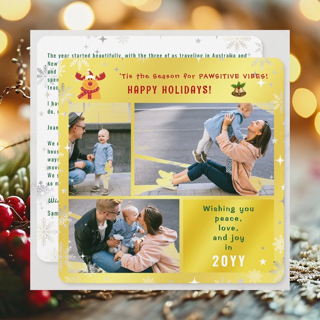 Funny Rudolph Peace Kärlek Joy 3 Photos Cute Golde Julkort (Elegant Golden Cute Funny Pawsitive Vibes Rudolph Happy Holidays 3 Photos Peace Love Joy Snowflakes)