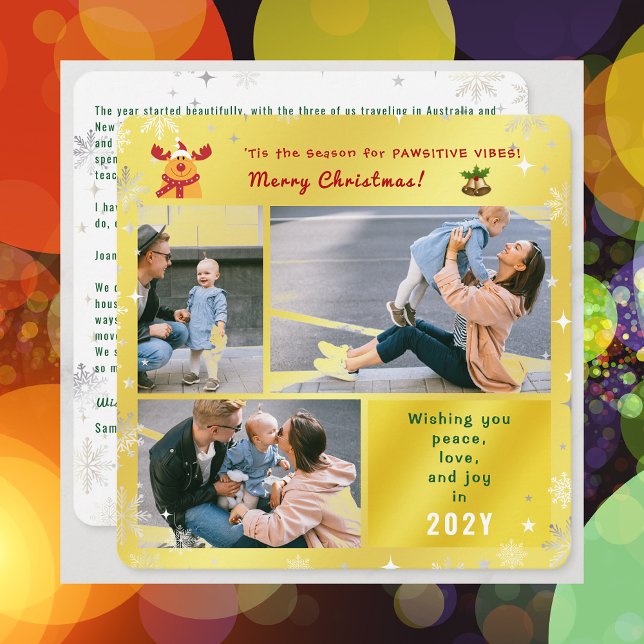 Funny Rudolph Peace Kärlek Joy Elegant Golden Phot Julkort (Elegant Golden Funny Pawsitive Vibes Rudolph Christmas Card 3 Photos Peace Love Joy Snowflakes Stars)