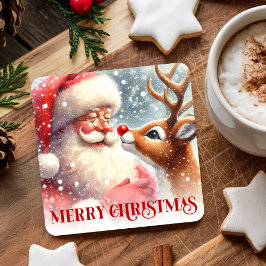 Funny Rudolph Santa Xmas Coaster Watercolor Print Underlägg Papper Kvadrat