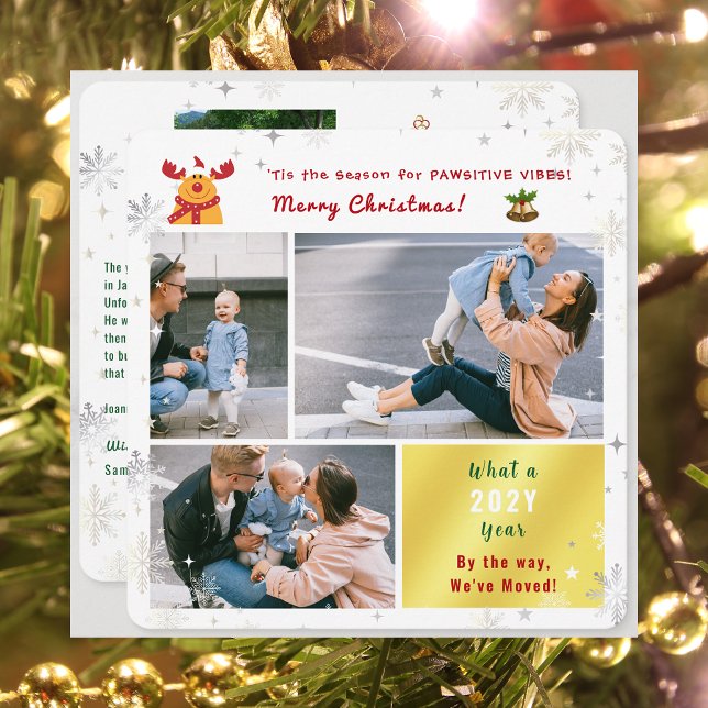 Funny Rudolph Vi har flyttat 4 Photos Cute Elegant Julkort (Funny Rudolph Pawsitive Vibes Christmas We've Moved 3 Photos Elegant Cute Modern Letter What a Year)