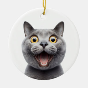 FUNNY RYSIAN BLUE GRÅTT CAT ÖVERPRISED CAT ANSIKTE JULGRANSPRYDNAD KERAMIK