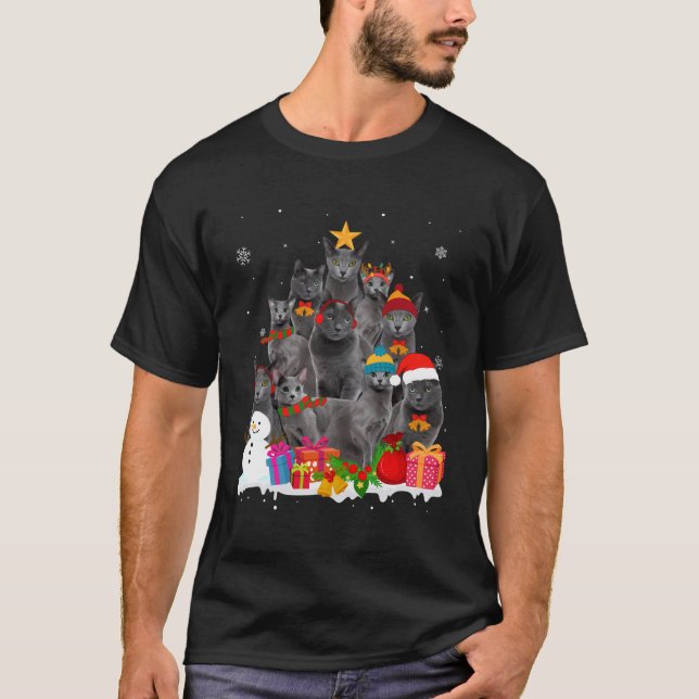 Funny rysk Blue Julgran Pet Cat Lover Gi T Shirt (Framsida)