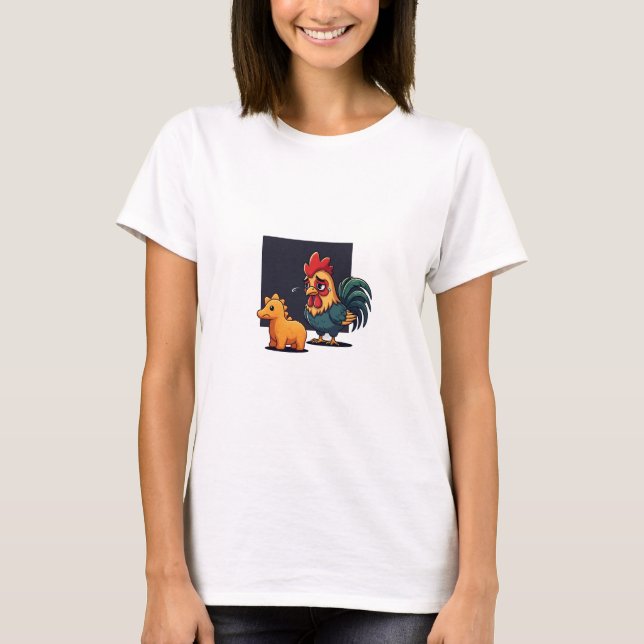 Funny Sad Rooster Crying at Dinosaur Nugget T Shirt (Framsida)