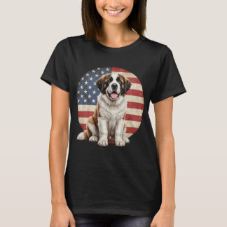 Funny Saint Bernard Dog American Flag  T Shirt
