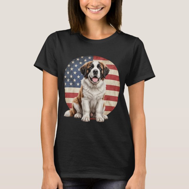 Funny Saint Bernard Dog American Flag  T Shirt (Framsida)