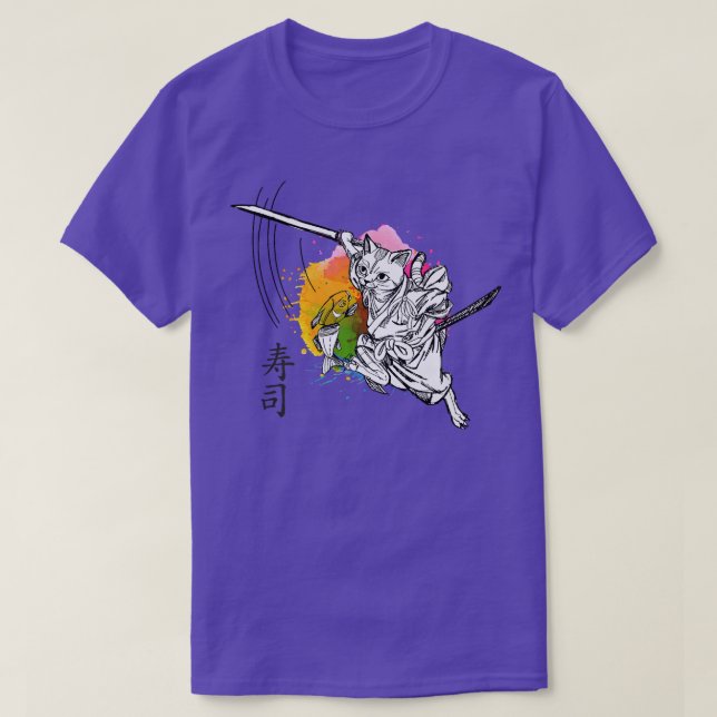 Funny Samurai Cat Making Sushi (Japanese Signs)  T Shirt (Design framsida)