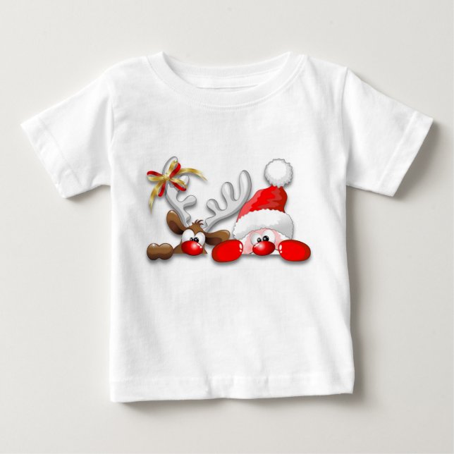 Funny Santa and Reindeer Tecknad Baby T-Shirt (Framsida)
