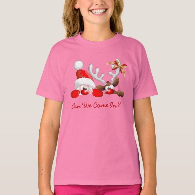 Funny Santa and Reindeer Tecknad T-Shirt (Framsida)