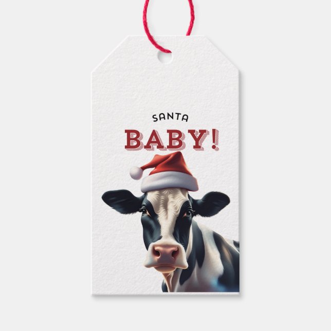 Funny Santa Baby jul Holstein Cow Presentetikett (Framsidan)