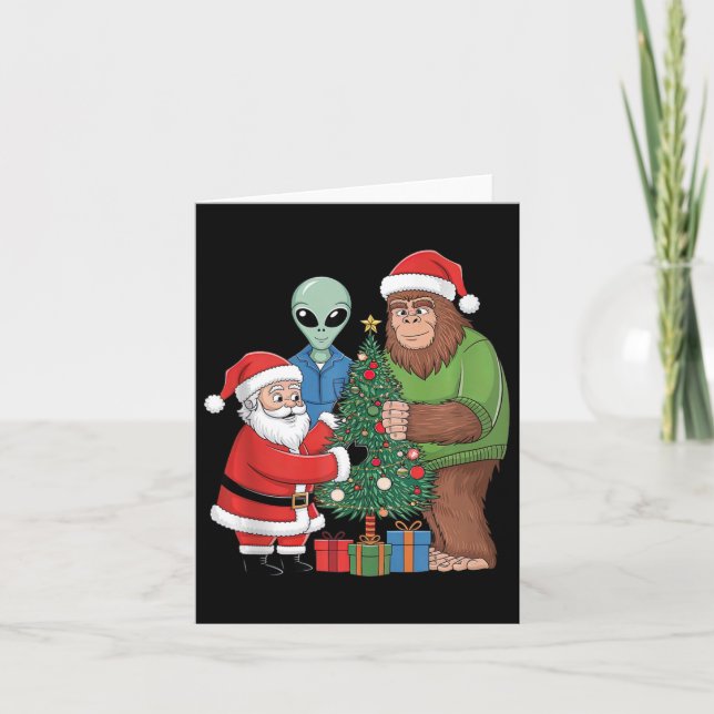 Funny Santa Bigfoot Alien Decorating jul Tre Kort (Framsida)