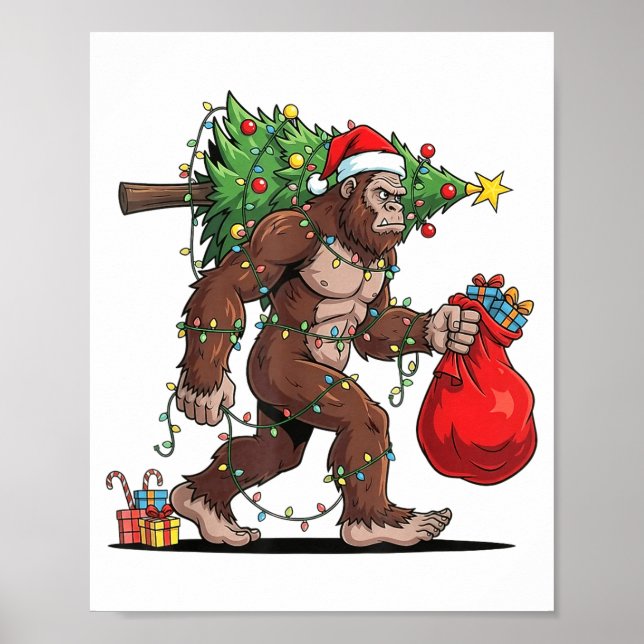 Funny Santa Bigfoot Christmas Tree Lights Xmas Boy Poster (Framsidan)