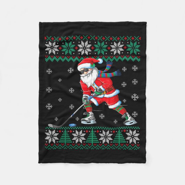 Funny Santa Claus Christmas Ice Hockey Ugly Sweate Fleecefilt (Framsidan)