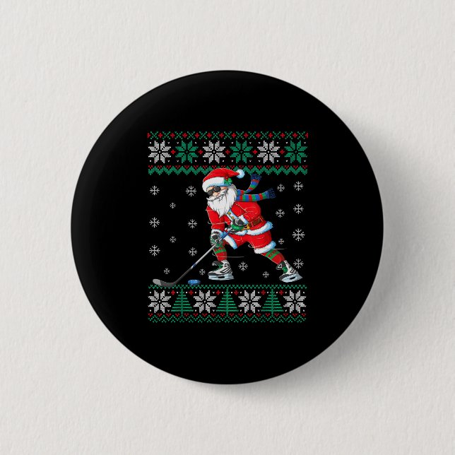 Funny Santa Claus Christmas Ice Hockey Ugly Sweate Knapp (Framsida)
