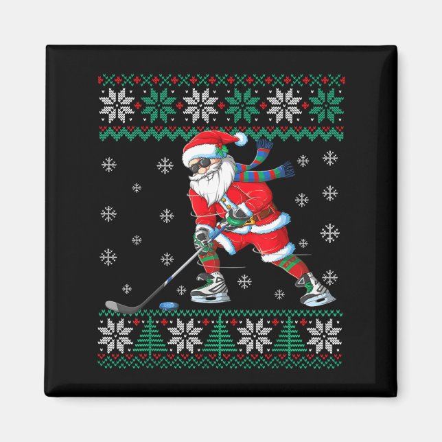 Funny Santa Claus Christmas Ice Hockey Ugly Sweate Magnet (Framsidan)