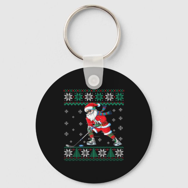 Funny Santa Claus Christmas Ice Hockey Ugly Sweate Nyckelring (Framsida)