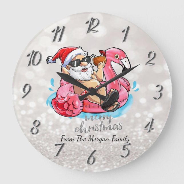 Funny Santa Claus,Pink Flamingos Christmas Stor Klocka (Framsida)