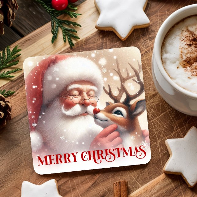 Funny Santa Claus Red Nose Rudolph Coasters Underlägg Papper Kvadrat (Funny Santa Claus Red Nose Rudolph Coasters)