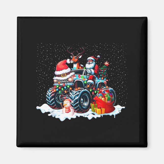 Funny Santa Clause Riding Monster Red Truck Xmas T Magnet (Framsidan)