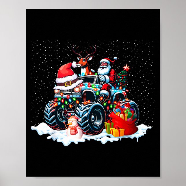 Funny Santa Clause Riding Monster Red Truck Xmas T Poster (Framsidan)