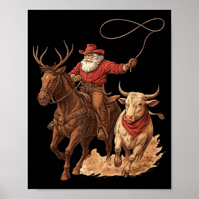 Funny Santa Cowboy Rodeo Reindeer Western Horse Ro Poster (Framsidan)