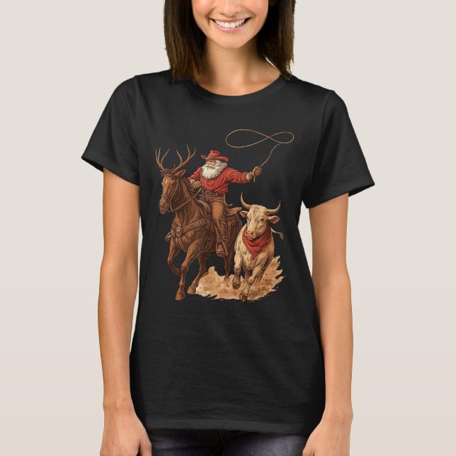 Funny Santa Cowboy Rodeo Reindeer Western Horse Ro T Shirt (Framsida)