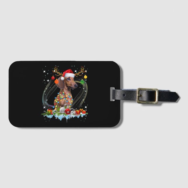 Funny Santa Dachshund Reindeer Light jul Bagagebricka (Framsida horisontal)