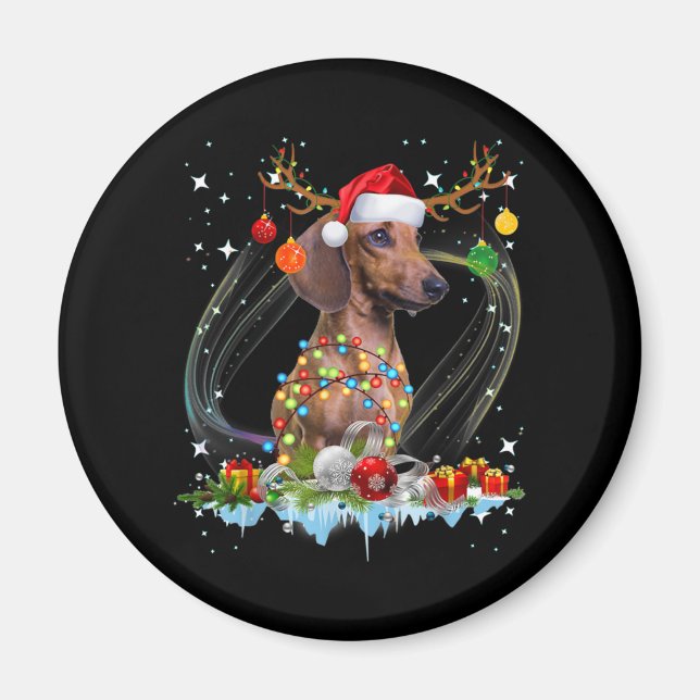 Funny Santa Dachshund Reindeer Light jul Magnet (Framsidan)