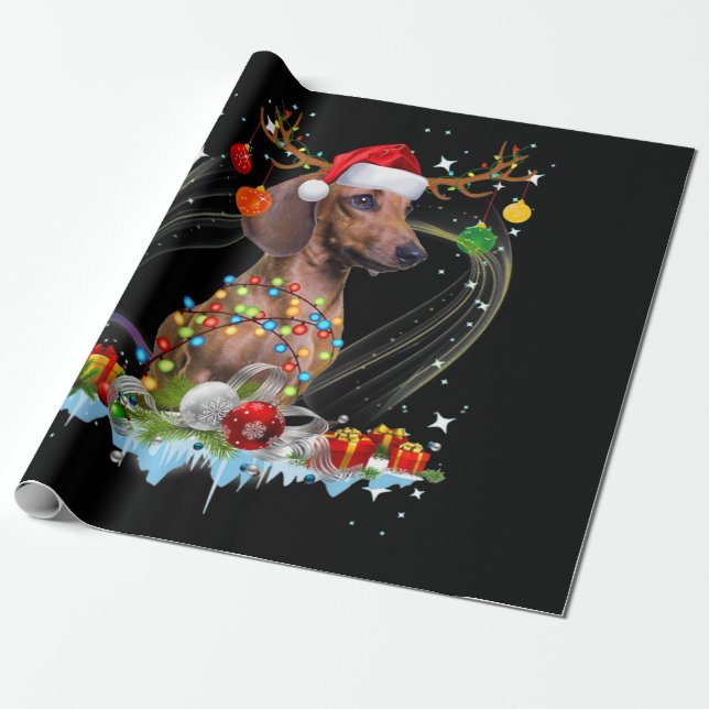 Funny Santa Dachshund Reindeer Light jul Presentpapper (Utrullad)