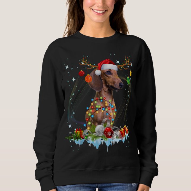 Funny Santa Dachshund Reindeer Light jul T Shirt (Framsida)