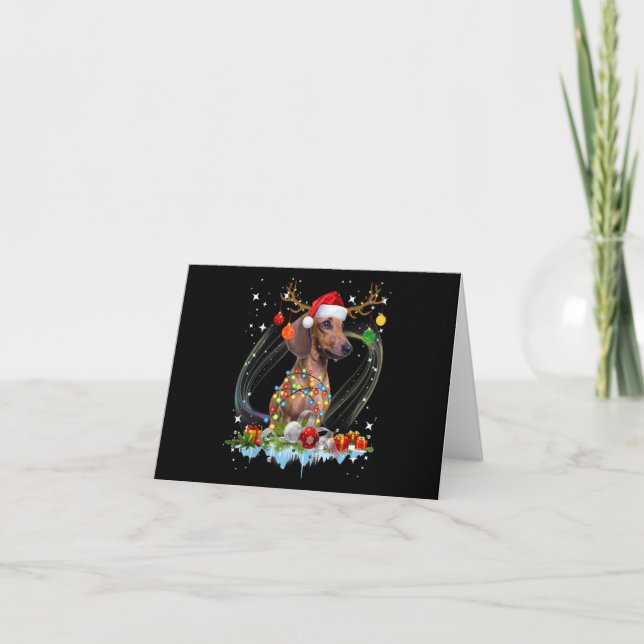 Funny Santa Dachshund Reindeer Light jul Tack Kort (Framsida)