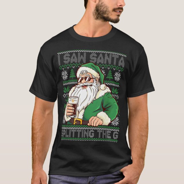 Funny Santa Drinking Beer Splitting G Christmas Ad T Shirt (Framsida)