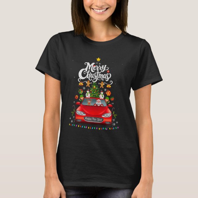 Funny Santa Driving Wagon Red Truck Christmas Tree T Shirt (Framsida)