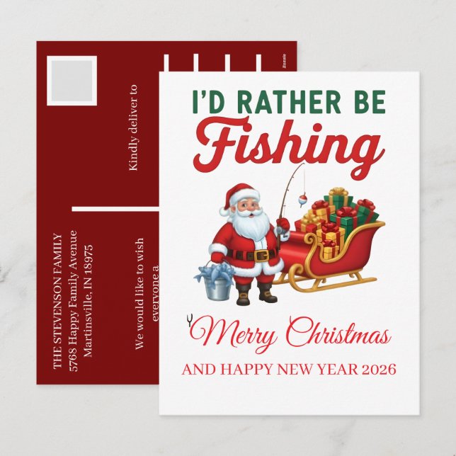 Funny Santa Fishing Christmas 2025 Elegant Script  Helg Vykort (Fram/baksida)