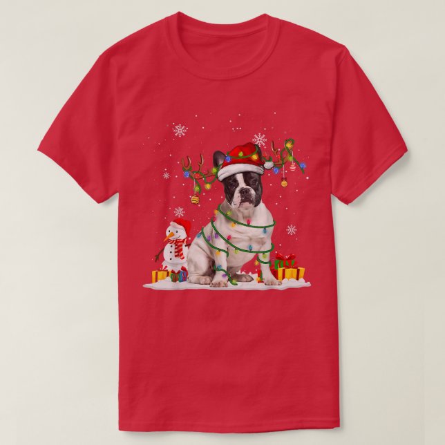 Funny Santa Fransk Bulldog Reindeer Fairy Light Ch T Shirt (Design framsida)