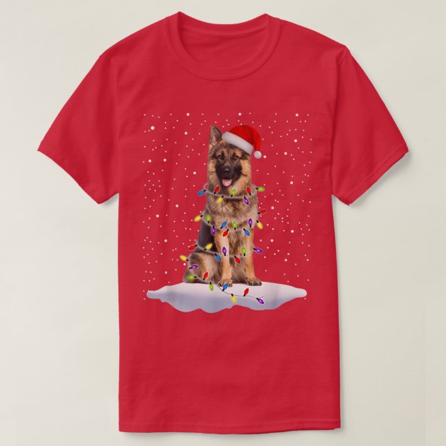 Funny Santa German Shepherd jul Ljus Träd T Shirt (Design framsida)