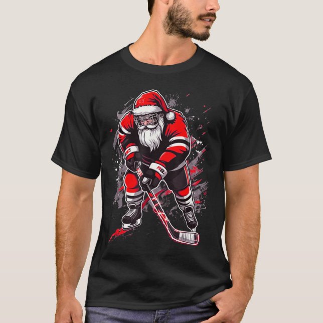 Funny Santa Hockey Christmas Retro Winter Player X T Shirt (Framsida)