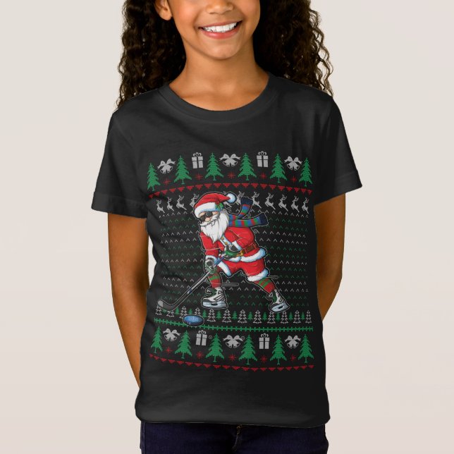 Funny Santa Ice Hockey Player Ugly Sweater Christm T Shirt (Framsida)