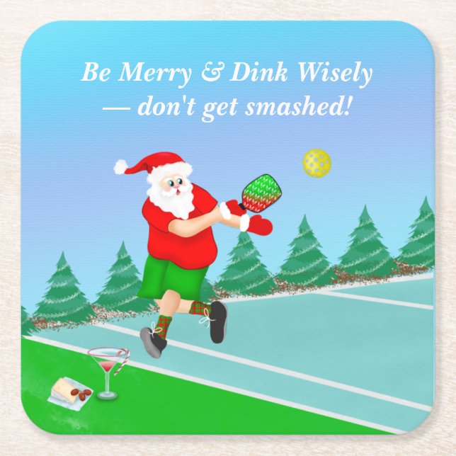 Funny Santa Pickleball Merry Volley Julafton Underlägg Papper Kvadrat (Framsidan)
