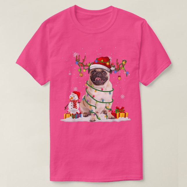 Funny Santa Pug Reindeer Fairy Light Merry Christm T Shirt (Design framsida)