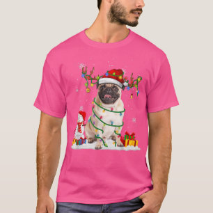 Funny Santa Pug Reindeer Fairy Light Merry Christm T Shirt