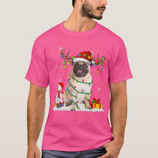Funny Santa Pug Reindeer Fairy Light Merry Christm T Shirt