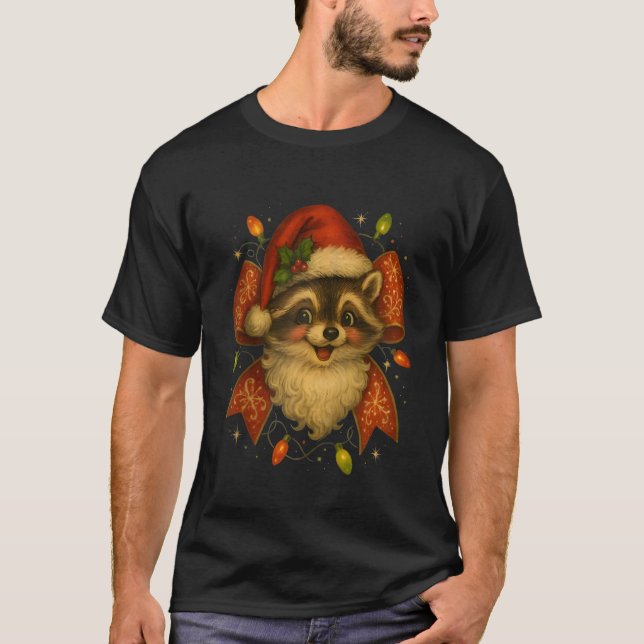 Funny Santa Raccoon in Santa Hat Holiday cute bow  T Shirt (Framsida)