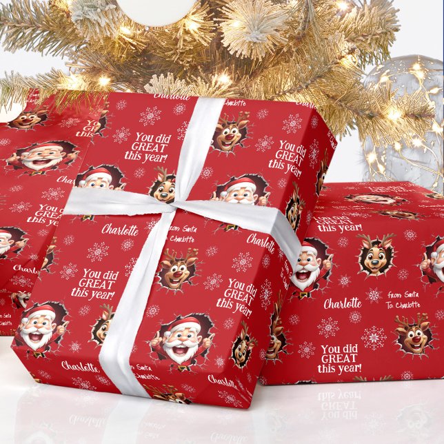 Funny Santa Reindeers Girl Namn Red jul Presentpapper (Funny Santa Reindeers Girl Name Red Christmas Wrapping Paper)