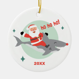 Funny Santa Riding A Shark Namn Ceramic Ornament