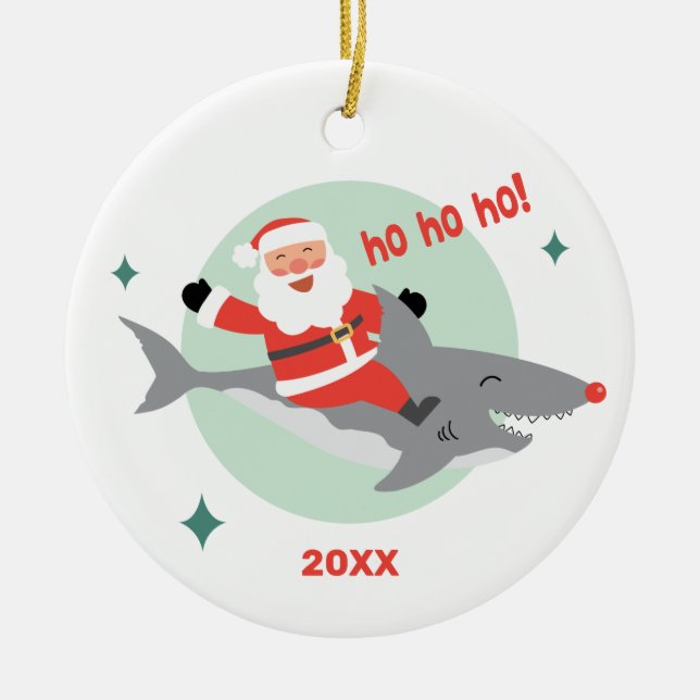 Funny Santa Riding A Shark Namn Ceramic Ornament (Framsidan)