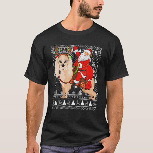 Funny Santa Riding Cocker Spain Hund Ugly Christm T Shirt (Framsida)