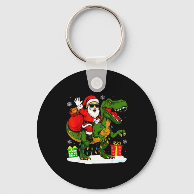 Funny Santa Riding Dinosaur T Rex Christmas Santa  Nyckelring (Framsida)