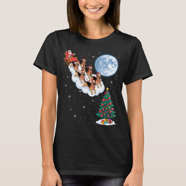 Funny Santa Riding German Shepherd Dog Tree Christ T Shirt (Framsida)