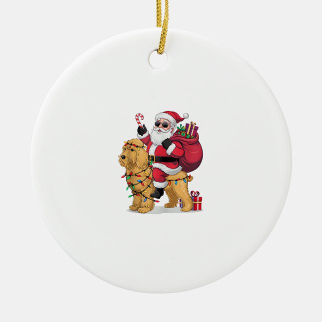 Funny Santa Riding Goldendoodle Hund jul Julgransprydnad Keramik (Framsidan)